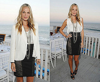Molly Sims Attends Bertolli Party in Malibu Wearing Black Leather and Knit Skirt and White Blazer
