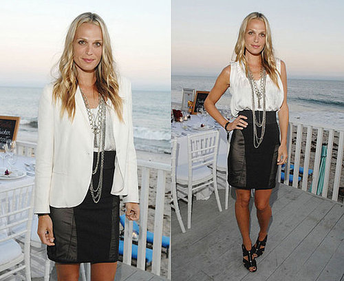 Molly Sims Attends Bertolli Party in Malibu Wearing Black Leather and Knit Skirt and White Blazer