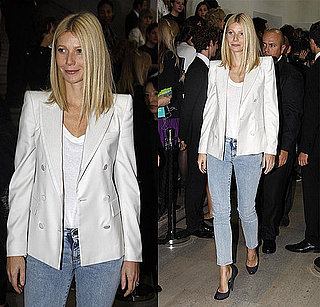 Gwyneth Paltrow Attends Paris Fashion Week in White Stella McCartney Blazer and Acid Jeans