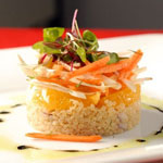 Quinoa, Avocado, and Sweet Potato Timbale With Roasted Tomatillo Dressing Quinoa, Avocado, and Sweet Potato Timbale With Roasted Tomatillo Dressing