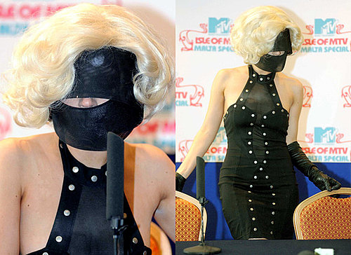 Photos of Lady Gaga in Black Mask, Art Piece, MTV Press Conference