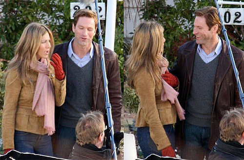 Jennifer Aniston and Aaron Eckhart on the set of Traveling in Vancouver on January 21, 2008