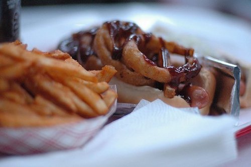 French fries and onion rings on top of a dog.
French fries and onion rings on top of a dog.