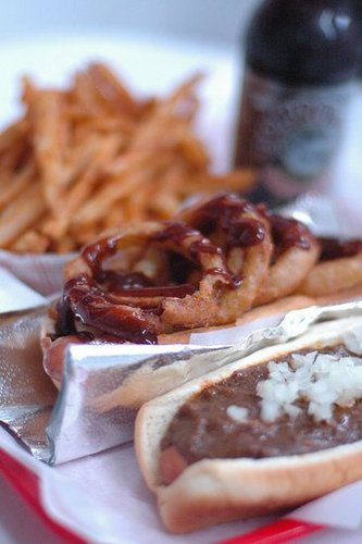 French fries, "Lord of the Rings" dog, and a classic chili dog. I wanted to order something more extreme, but figured for my first visit I should order the classic "famed" dog.
French fries, "Lord of the Rings" dog, and a classic chili dog. I wanted to order something more extreme, but figured for my first visit I should order the classic "famed" dog.