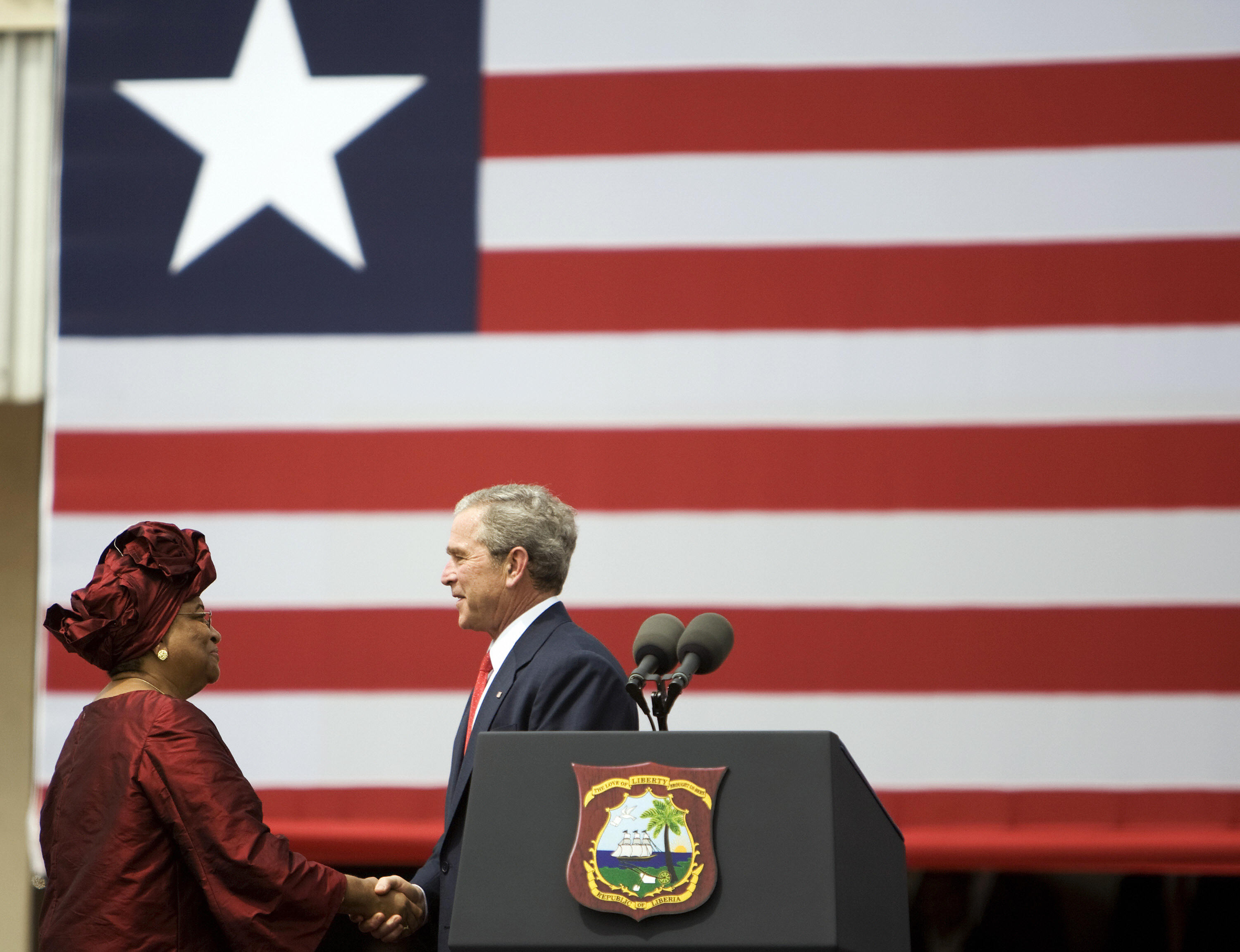 Liberia's President Ellen Johnson-Sirleaf greets Bush on February 21, 2008. Liberia's President Ellen Johnson-Sirleaf greets Bush on February 21, 2008.