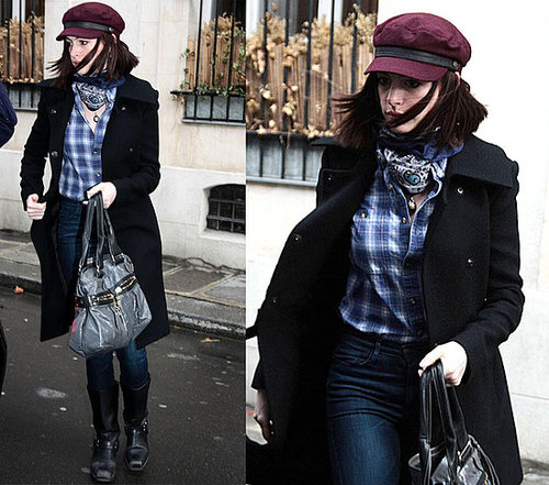 Anne Hathaway Roams Barcelona Spain in Burberry Newsboy Cap