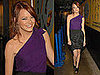 Emma Stone in a Purple Abaete One-Shoulder Top, a Bubble-Hemmed Yigal Azrouel Skirt, and Jimmy Choo Peep Toe Booties
