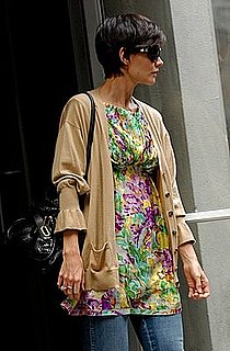 Katie Holmes in New York Wearing a Missoni Floral Tunic, Bell Sleeve Cardigan and Chloe Bag