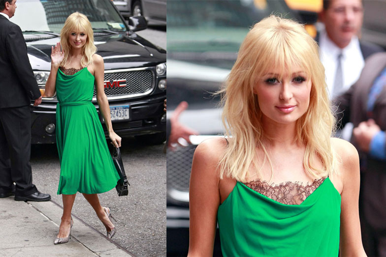 Paris Hilton Stops by The David Letterman Show in a Diane von Furstenberg Dress Paris Hilton Stops by The David Letterman Show in a Diane von Furstenberg Dress