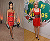 Rihanna and Elizabeth Banks Wear Red Dress, Leopard Belt, Black Pumps