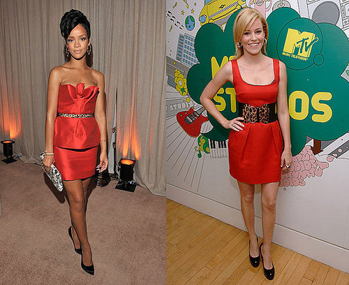 Rihanna and Elizabeth Banks Wear Red Dress, Leopard Belt, Black Pumps