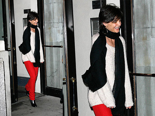 Katie Holmes Exits Her NYC Apartment in Red Skinny Jeans