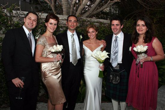 The wedding party: groomsman, bestman in kilt and bridemaids.