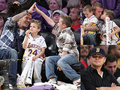 Photos of David Beckham, Cruz Beckham, Romeo Beckham, Brooklyn Beckham, Leonardo DiCaprio at Lakers-Pistons Game