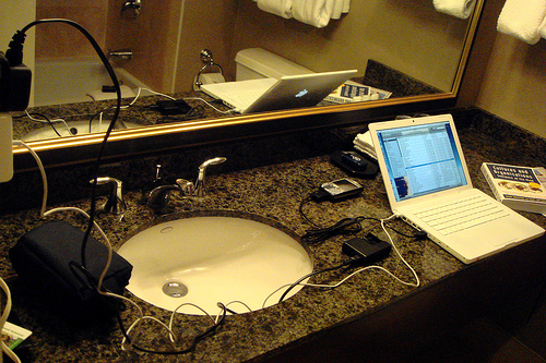 Hotel Forces Guest to Charge Laptop and Cell Phone in Bathroom Outlet