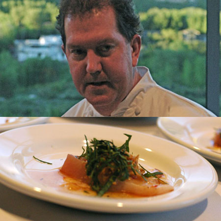 Tim Cushman from O Ya in Boston created a simple, but delicious hamachi sashimi with Viet mignonette sauce, thai basil, and fried shallots.
The fish was spicy, but amazing.
Tim Cushman from O Ya in Boston created a simple, but delicious hamachi sashimi with Viet mignonette sauce, thai basil, and fried shallots.
The fish was spicy, but amazing.