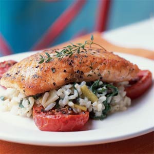 Crispy Salmon With Risotto and Roasted Tomatoes Crispy Salmon With Risotto and Roasted Tomatoes