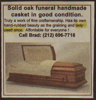 "Oak funeral handmade casket... Only used once." "Oak funeral handmade casket... Only used once."