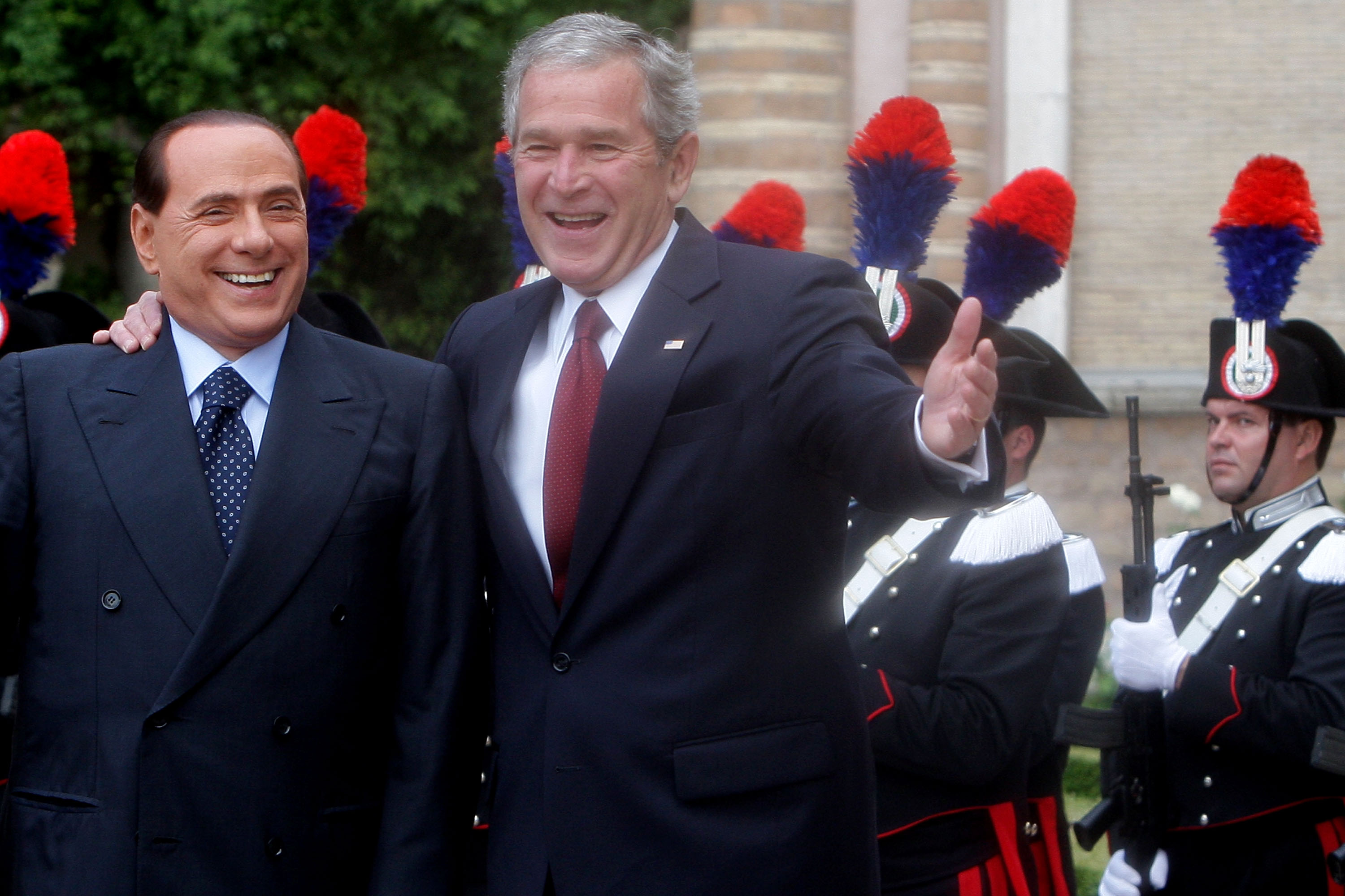 Italian Prime Minister Silvio Berlusconi stands with Bush as he arrives at Villa Madama, June 12, 2008. Italian Prime Minister Silvio Berlusconi stands with Bush as he arrives at Villa Madama, June 12, 2008.
