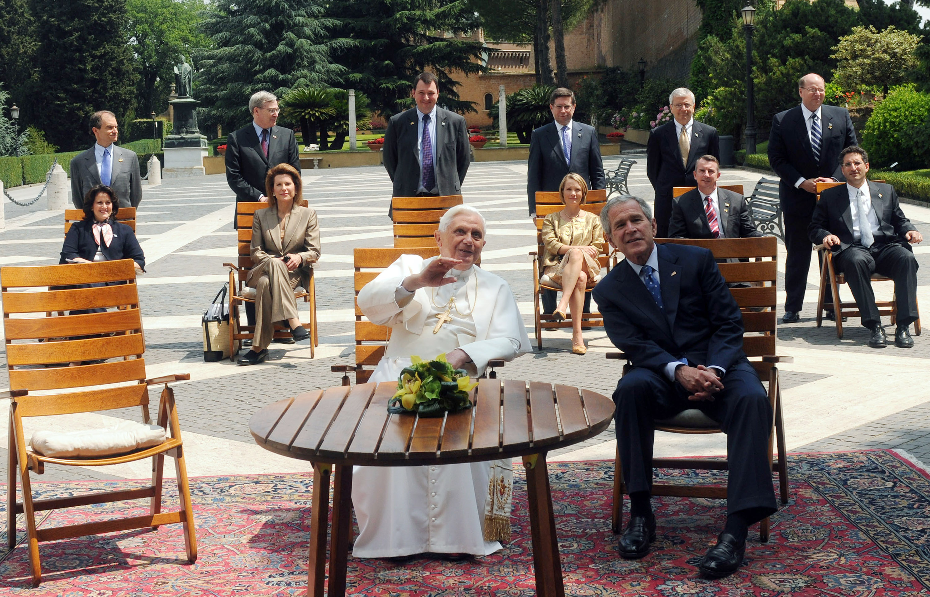 Pope Benedict XVI sits with Bush and his delegation in the Vatican June 13, 2008. Pope Benedict XVI sits with Bush and his delegation in the Vatican June 13, 2008.
