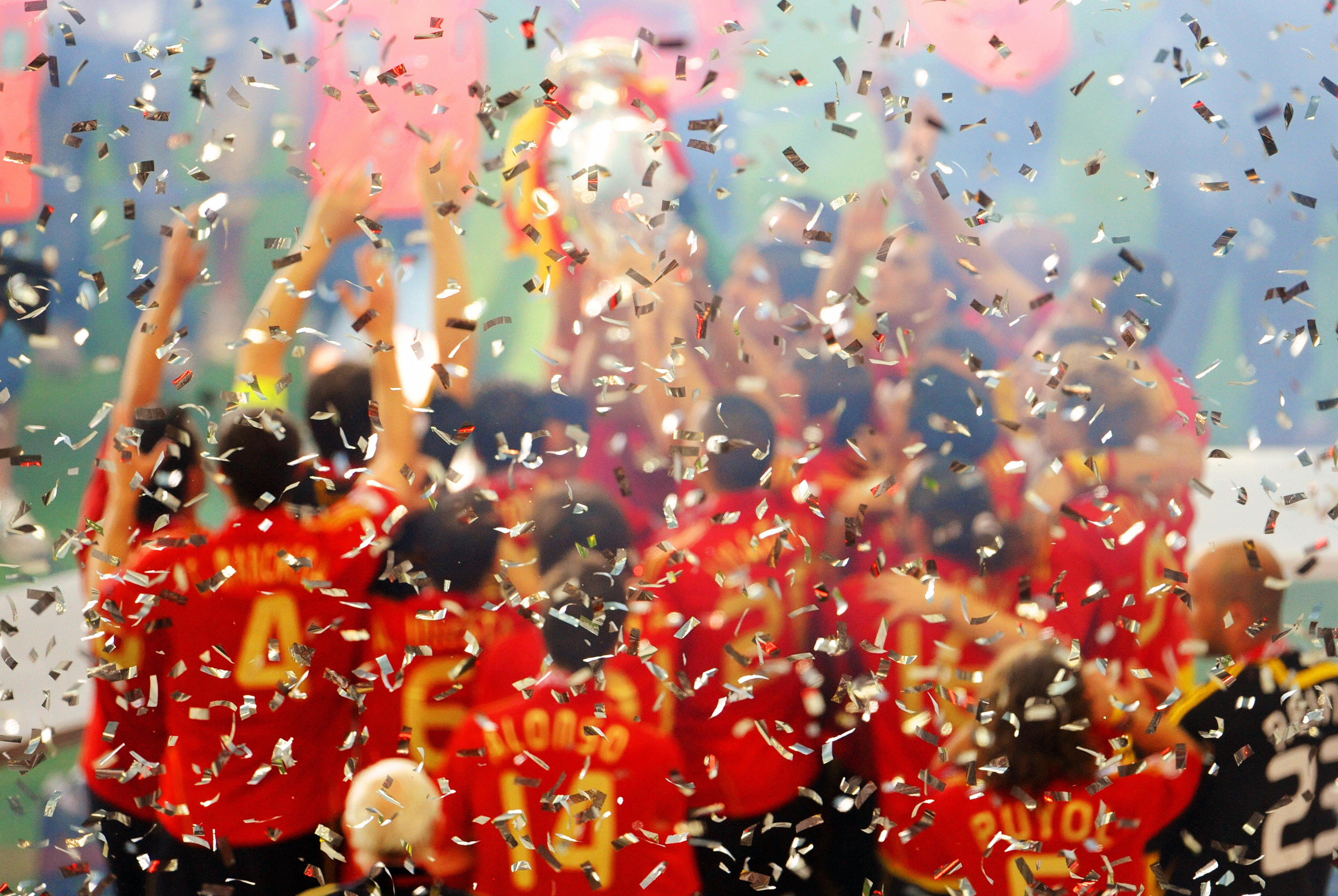 The Spanish team holds the Euro 2008 championships trophy. The Spanish team holds the Euro 2008 championships trophy.