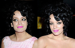 Photos of Lily Allen at GQ 20th Anniversary Party. Bright Pink Lipstick and Hollywood Curls.