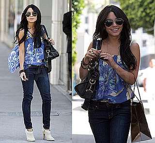 Vanessa Hudgens in LA Wearing a Blue Floral Madison Marcus Blouse, Skinny Cropped J Brand Jeans, Ivory Cole Haan Booties