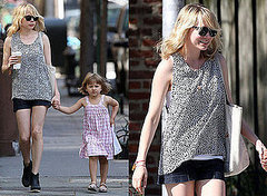 Actress Michelle Williams and Her Daughter Stroll Brooklyn, Michelle Wearing a Black and White Dotted Top and Ray Ban Wayfarers