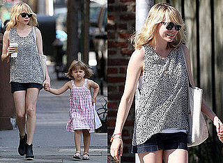 Actress Michelle Williams and Her Daughter Stroll Brooklyn, Michelle Wearing a Black and White Dotted Top and Ray Ban Wayfarers