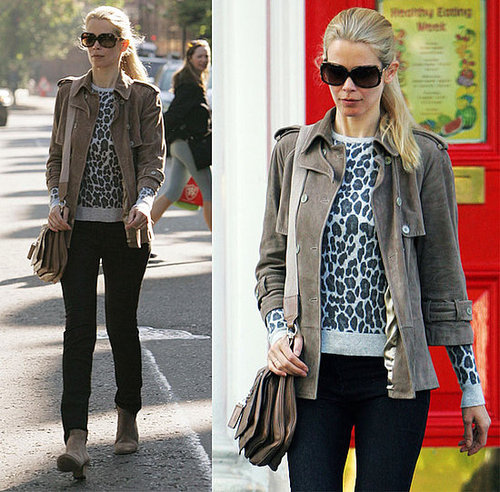 Claudia Schiffer in London Wearing Leopard Sweater and Tan Suede Jacket
