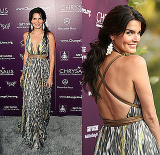 Actress Angie Harmon Attends Annual Chrysalis Butterfly Ball in Kaufman Franco Printed Maxi Dress With Brown Belt
