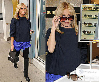 Sarah Michelle Gellar Visits The Sunglass Hut in Santa Monica Wearing a Blue Skirt and Navy Jacket