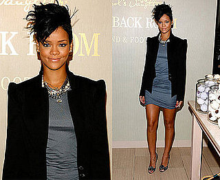 Rihanna and LeBron James Visit Carol's Daughter Hand and Foot Spa, Rihanna Wearing a Black Blazer and Gray Dress
