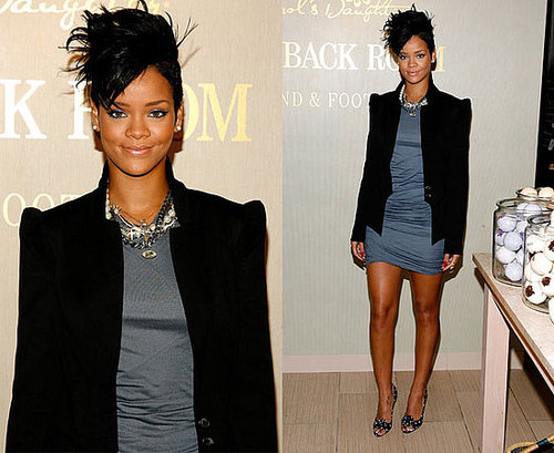 Rihanna and LeBron James Visit Carol's Daughter Hand and Foot Spa, Rihanna Wearing a Black Blazer and Gray Dress