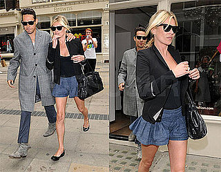 Kate Moss Shops in London Wearing Denim Pleated Shorts and Black Blazer