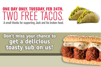 Get Two Free Tacos at Jack In the Box, Free Quizno's Subs Get Two Free Tacos at Jack In the Box, Free Quizno's Subs