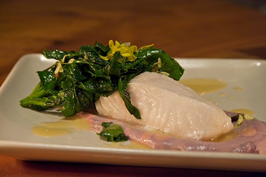 Slow-roasted halibut, purple cauliflower puree, kyra's miners lettuce, truffle dressing, buerre blanc Slow-roasted halibut, purple cauliflower puree, kyra's miners lettuce, truffle dressing, buerre blanc