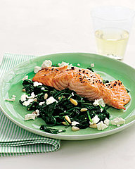 Fast & Easy Dinner: Broiled Salmon With Spinach Feta Saute Fast & Easy Dinner: Broiled Salmon With Spinach Feta Saute