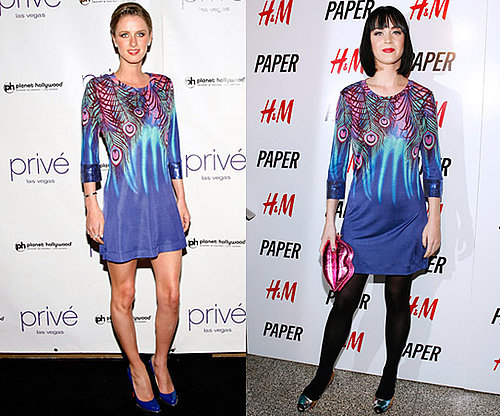 Nicky Hilton and Katy Perry in Matthew Williamson for H&M Peacock Dress