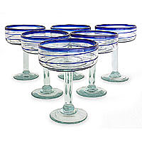 NOVICA - Margarita glasses, 'Cobalt Spirals' (set of 6)