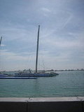 A very serious ocean going catamaran docked in the harbor.  Cool!