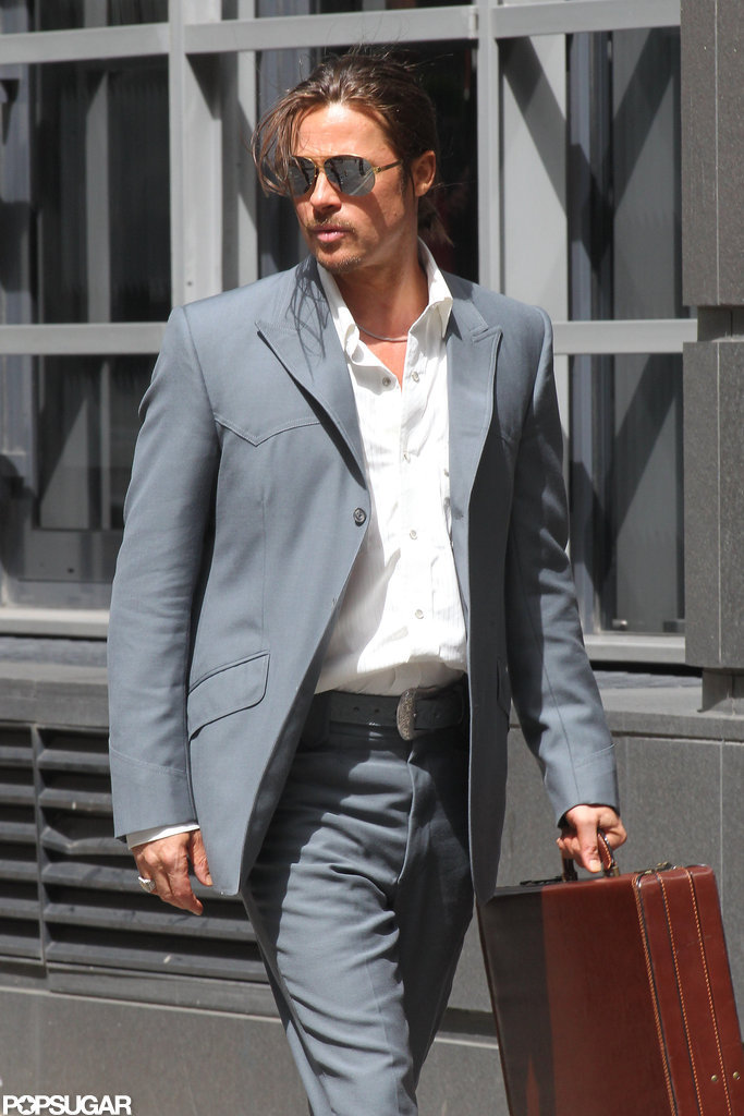 Brad Pitt With a Ponytail on Set in London | POPSUGAR Celebrity