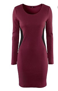  A Burgundy Dress with Black Side Panels, the color blocking is slimming